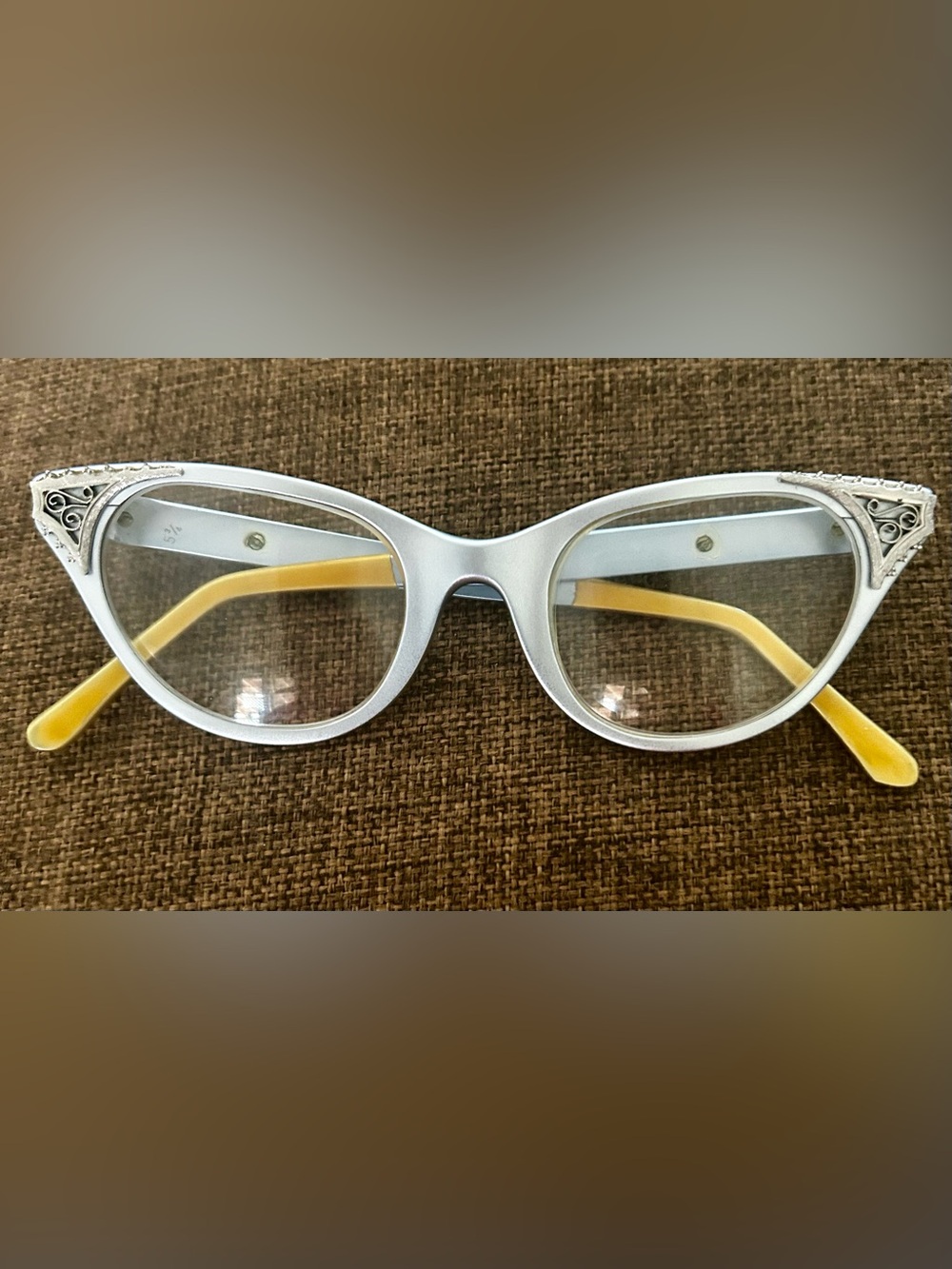 Vintage TURA Cat Eye Glasses Silver Filigree Temples Art Nouveau Frames 5 3/4